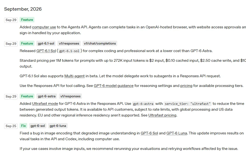 Página Changelog da documentação da OpenAI aberta em setembro de 2026, com as entradas de 29/09 sobre o GPT-6.1 Sol e o modo Ultrafast do GPT-6 Astra e a correção de 25/09 para imagens.