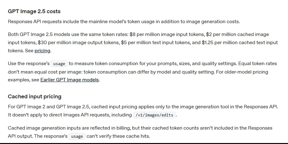 Trecho GPT Image 2.5 costs do guia de geração de imagem da OpenAI, explicando que a API Responses soma o consumo do modelo principal ao custo da imagem e que tarifas iguais não significam custo igual por imagem.