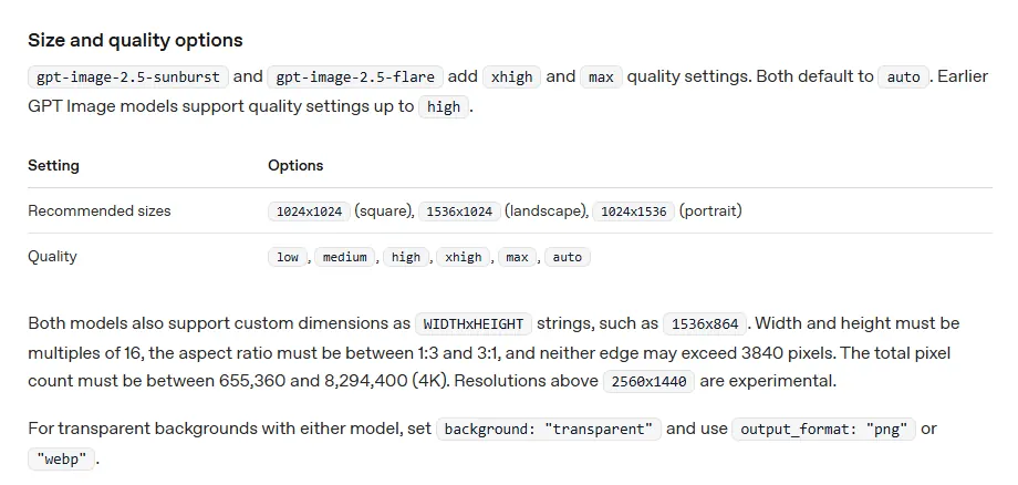 Trecho Size and quality options do guia de geração de imagem da OpenAI: tamanhos recomendados, qualidades low a max e a regra de dimensões múltiplas de 16 com proporção entre 1:3 e 3:1.