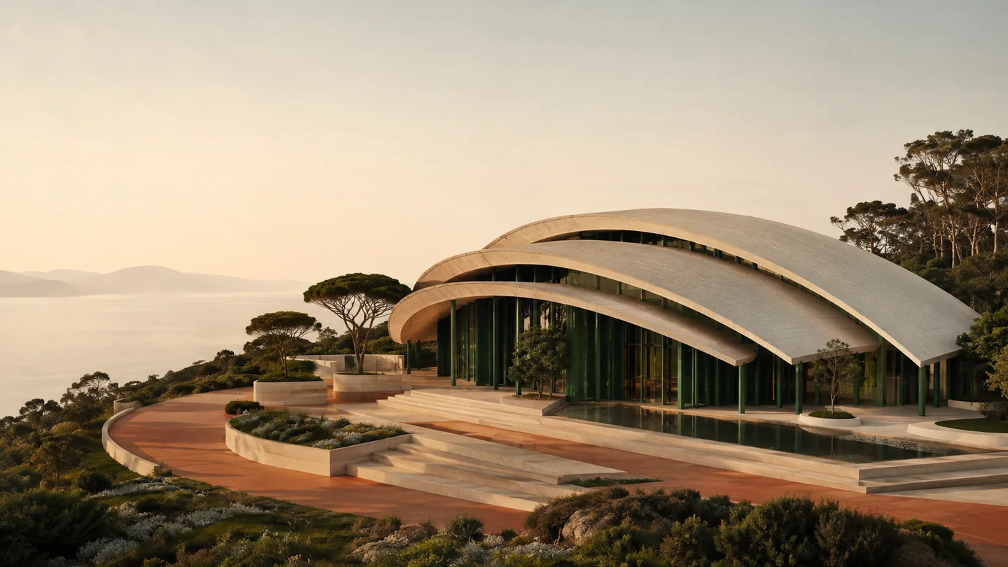 Pavilhão arquitetônico fictício com composição de volumes e luz para o Estúdio Aurora.