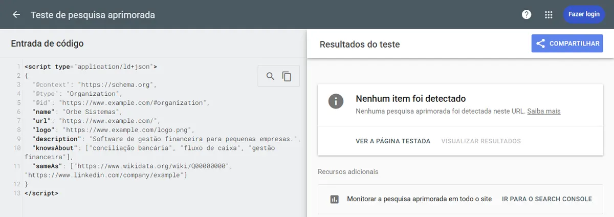 Teste de pesquisa aprimorada do Google com o mesmo bloco JSON-LD na entrada de código e, nos resultados do teste, a mensagem Nenhum item foi detectado.