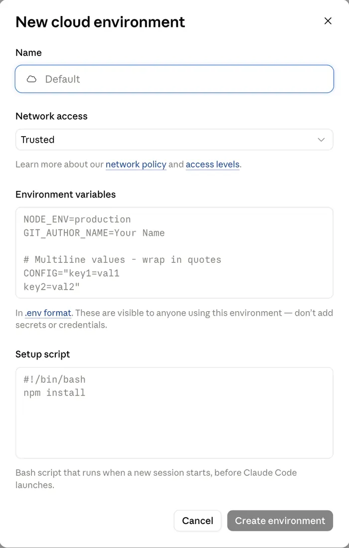 Diálogo New cloud environment com os campos Name, Network access definido como Trusted, Environment variables com exemplos e Setup script com um comando de instalação.