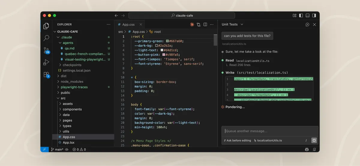 Janela do VS Code com o explorador de arquivos à esquerda mostrando a pasta .claude com sub-agentes, um arquivo CSS aberto no centro e, à direita, o painel do Claude Code com um pedido de testes, a leitura de um arquivo e a criação de outro.