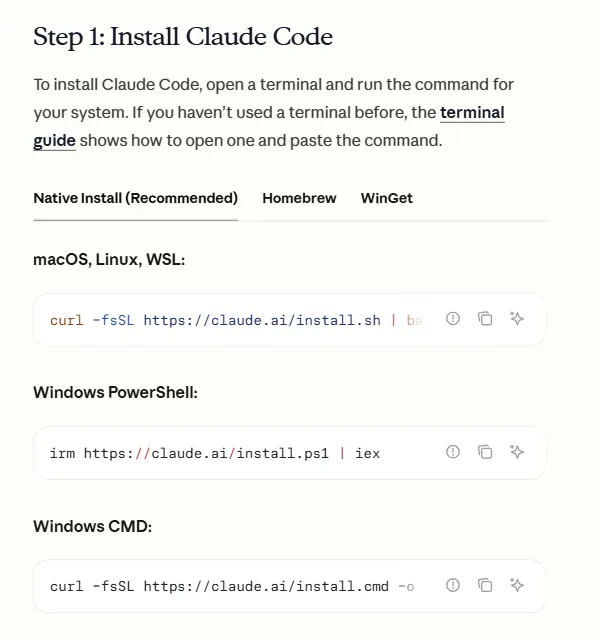 Trecho da página Quickstart da documentação do Claude Code, no passo 1, com as abas Native Install, Homebrew e WinGet e os comandos de instalação para macOS, Linux e WSL, para o Windows PowerShell e para o Windows CMD.