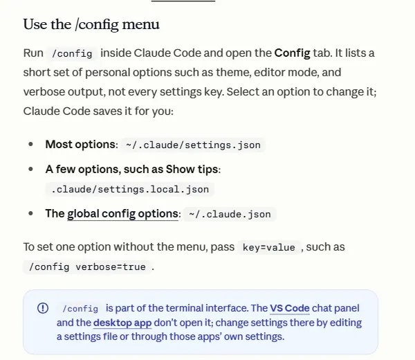 Trecho da página de configurações da documentação do Claude Code, na seção Use the /config menu, explicando que o comando abre a aba Config com opções pessoais e em qual arquivo cada opção é salva.