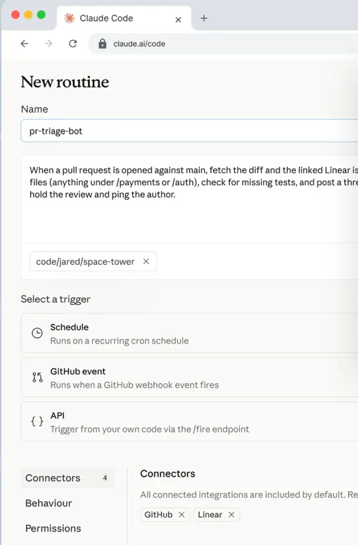 Formulário New routine do Claude Code na web com os campos de nome, instruções e repositório, a seção Select a trigger com as opções Schedule, GitHub event e API, e a área de conectores incluídos por padrão.