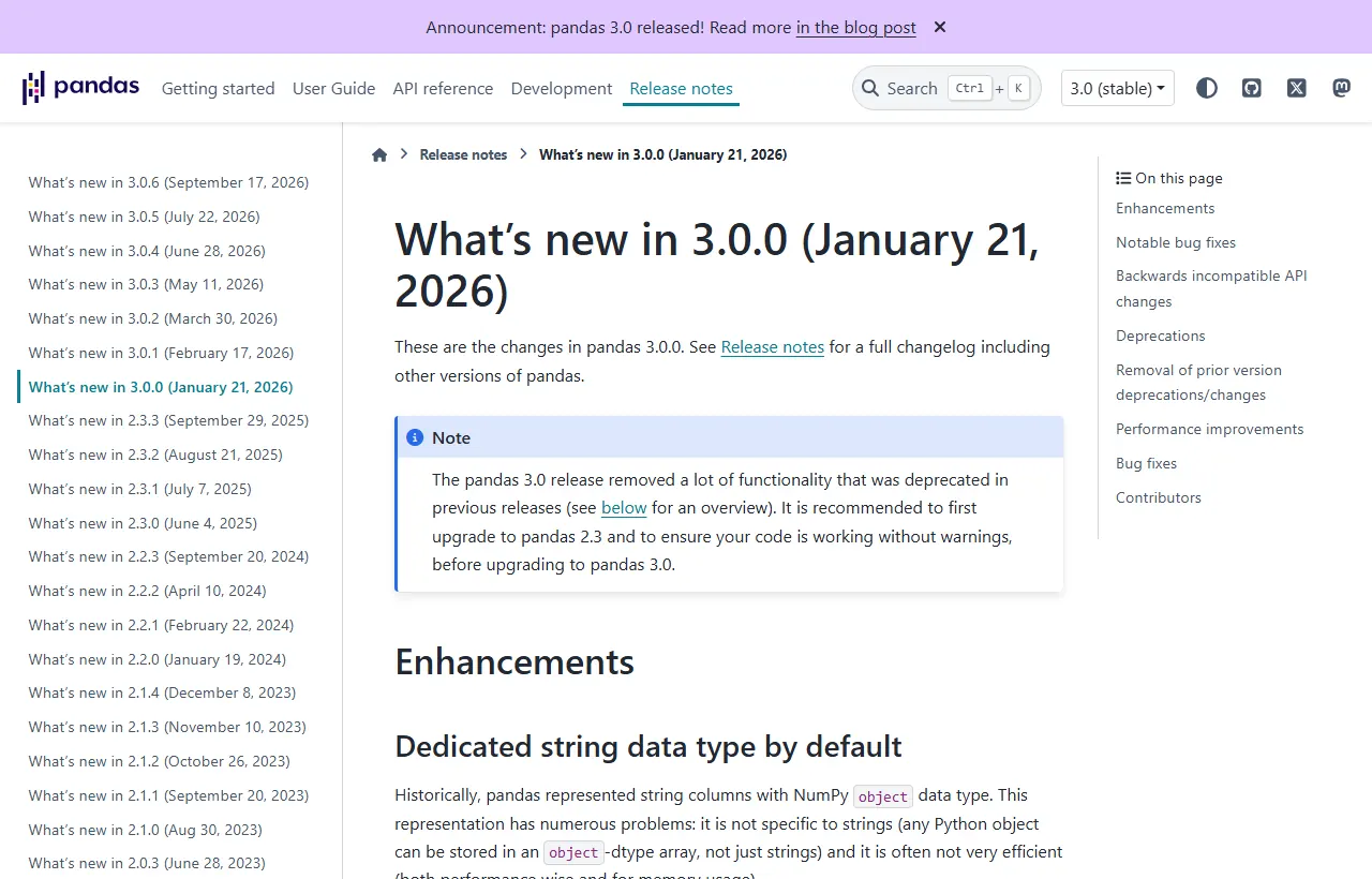 Página oficial de novidades do pandas 3.0.0, com a lista de versões 3.0.x à esquerda e o aviso para atualizar primeiro para a 2.3