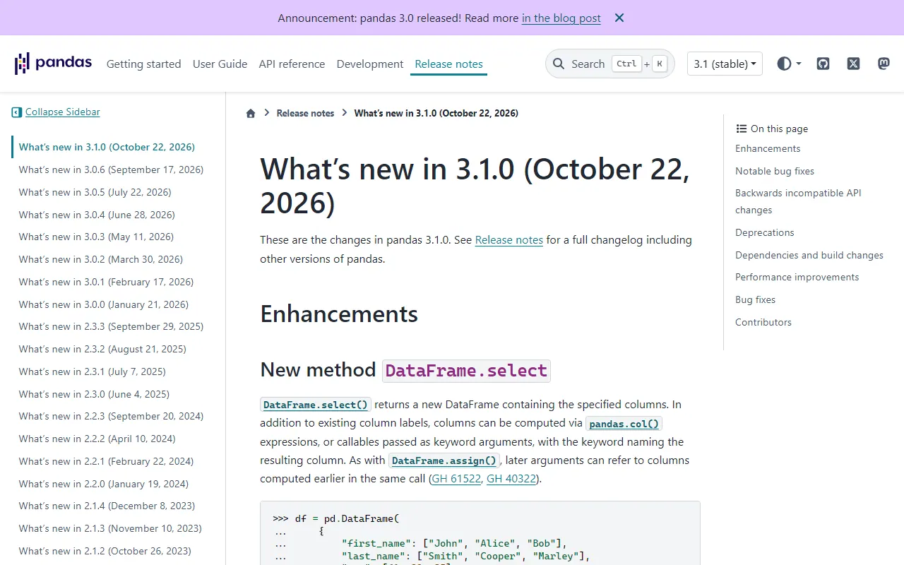 Página oficial de novidades do pandas 3.1.0, datada de 22 de outubro de 2026, com o primeiro destaque, o novo método DataFrame.select