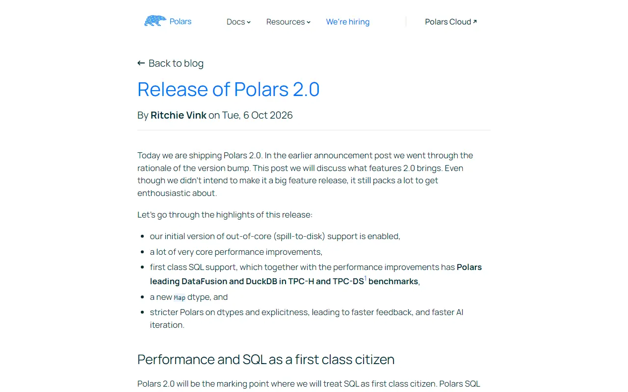Post oficial de lançamento do Polars 2.0 no blog do projeto, datado de 6 de outubro de 2026