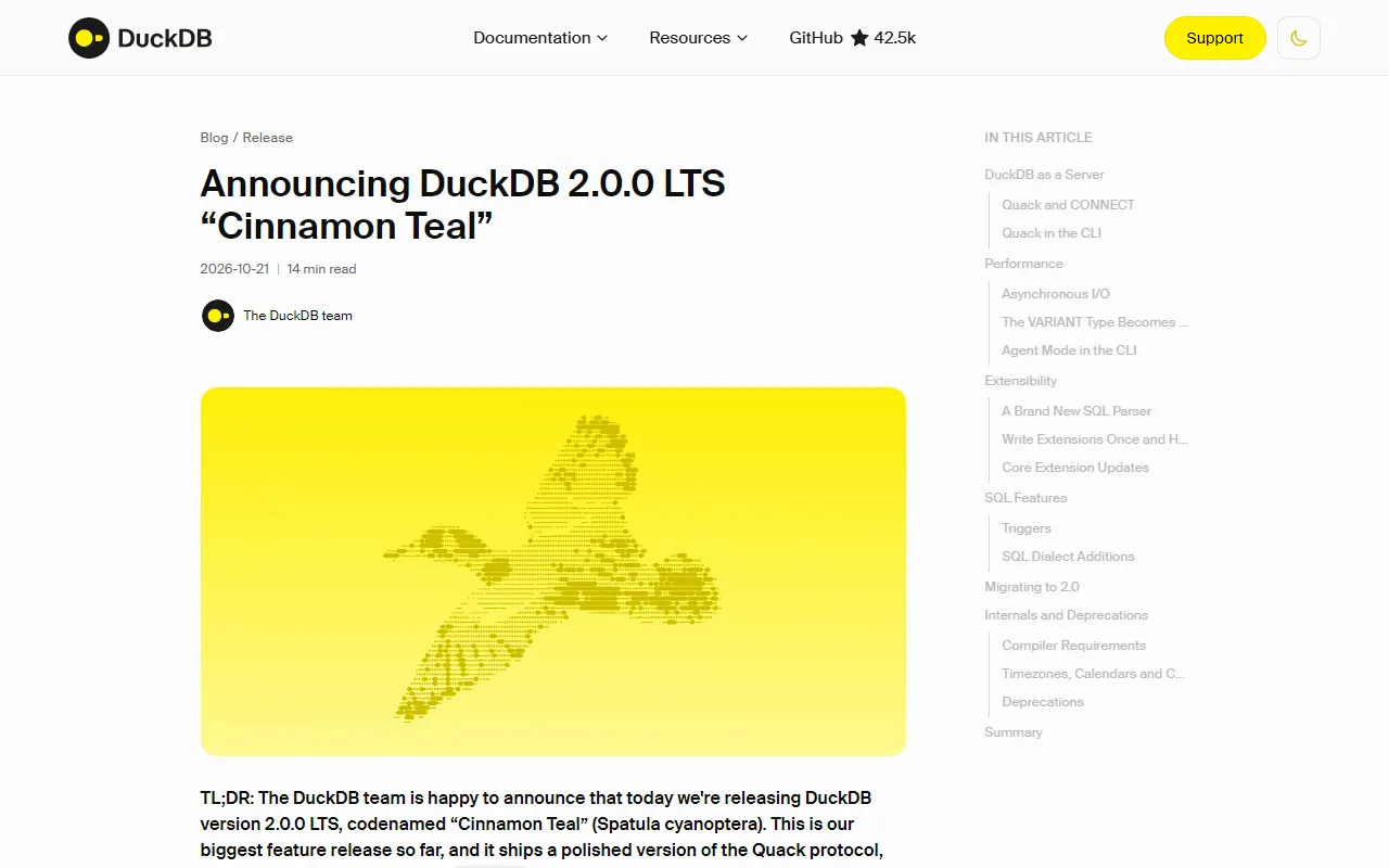 Anúncio oficial do DuckDB 2.0.0, de 21 de outubro de 2026, com o codinome Cinnamon Teal e o sumário dos destaques