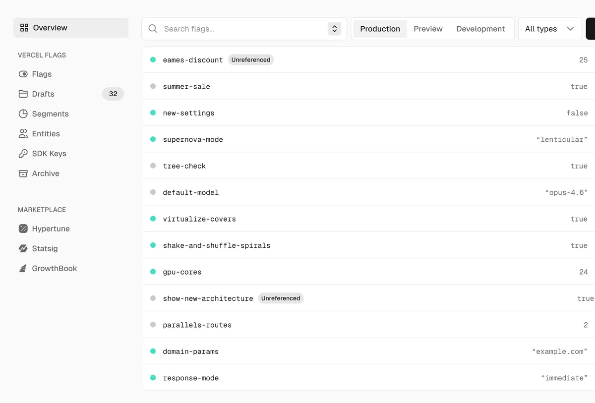 Painel de Flags da Vercel com dados de demonstração: lista de flags com estado, valor atual e abas de ambiente Production, Preview e Development.