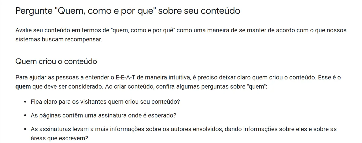 Trecho da página Como criar conteúdo útil, confiável e que prioriza as pessoas, do Google Search Central em português. Um quadro destacado explica que os avaliadores da pesquisa não controlam a classificação das páginas. Abaixo, o título Pergunte Quem, como e por que sobre seu conteúdo e a seção Quem criou o conteúdo, com perguntas sobre assinatura e informações do autor.