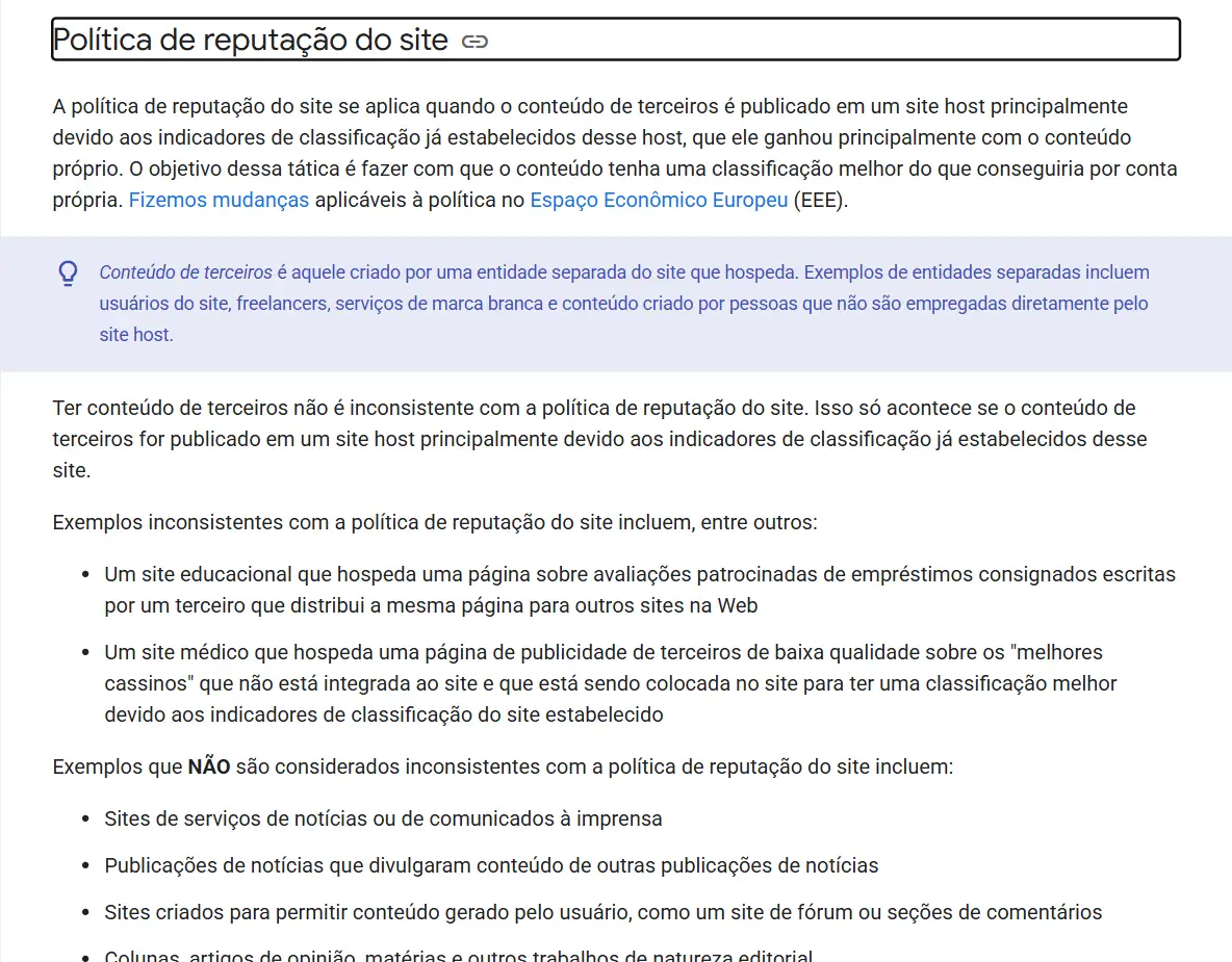 Trecho da página Políticas de spam do Google Search Central em português, na seção Política de reputação do site. O texto define a política, avisa que houve mudanças aplicáveis no Espaço Econômico Europeu, define conteúdo de terceiros num quadro destacado e lista exemplos que são e que não são inconsistentes com a política, como sites de comunicados à imprensa e seções de comentários.