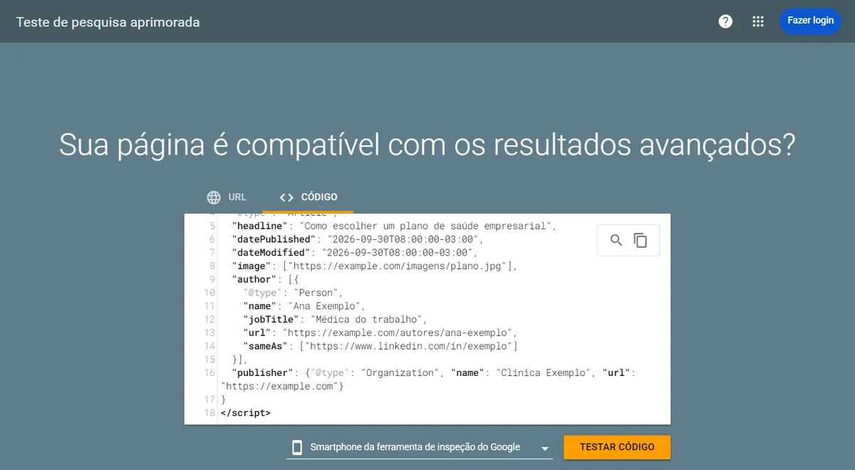 Tela do Teste de pesquisa aprimorada do Google em português, aba Código selecionada, com o mesmo trecho JSON-LD de Article e autor colado no editor e o botão Testar código em destaque. No topo, o botão Fazer login aparece porque a captura foi feita sem conta conectada.