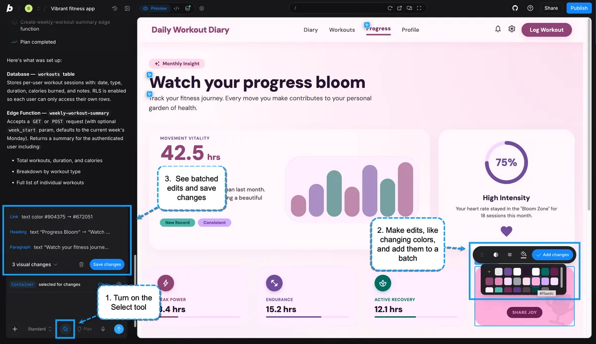 Tela de um projeto de exemplo no Bolt com a ferramenta Select ativa. Três balões numerados indicam a ordem: ligar a ferramenta Select na caixa de conversa, fazer as edições como trocar cores e juntá-las num lote, e ver o lote de três mudanças visuais com o botão Save changes.