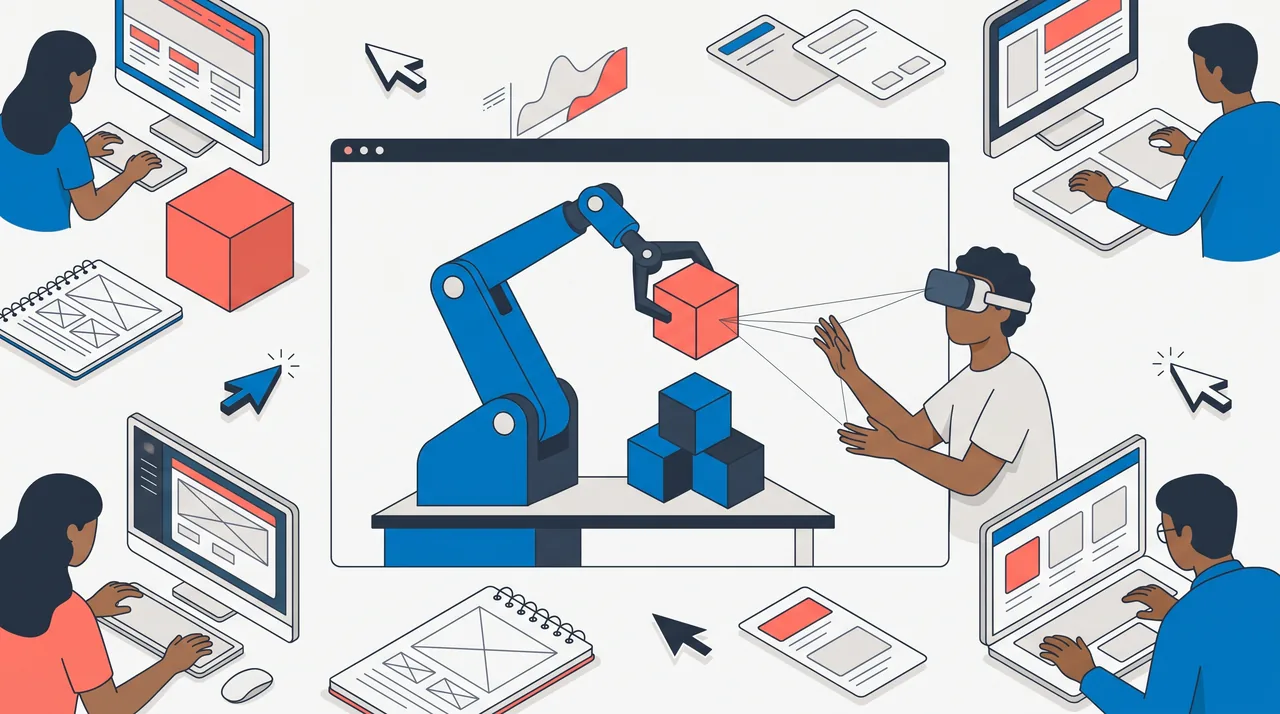 Janela de navegador com um braço robótico articulado de três segmentos segurando um cubo coral sobre uma pilha, e ao lado uma pessoa com óculos de realidade virtual estende a mão em direção ao cubo.