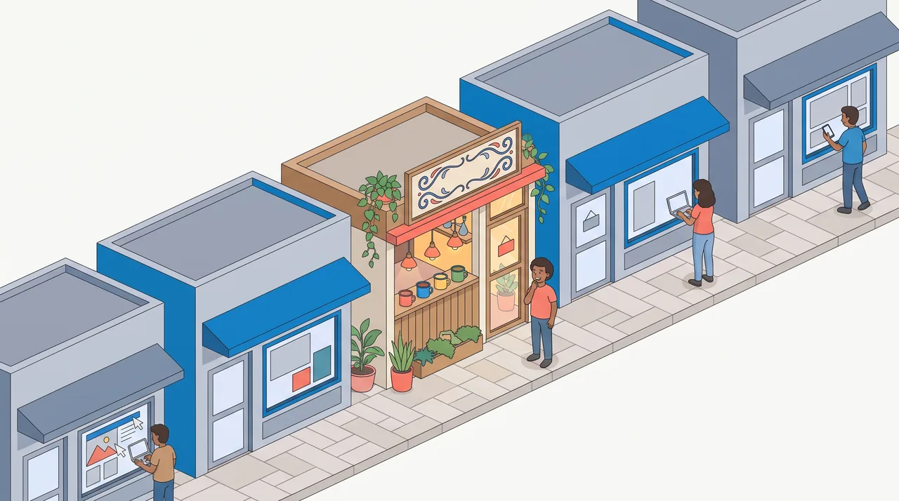 Rua com cinco fachadas iguais e cinzentas e, no meio, uma cafeteria com xícaras esmaltadas, letreiro ornamentado pintado à mão e luz quente, que faz uma pessoa parar na calçada.