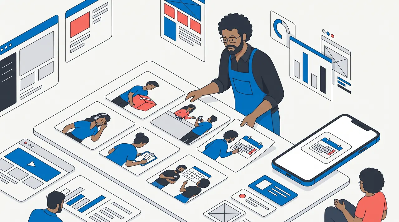 Ilustração de seis cartões com cenas diferentes desenhadas na mesma paleta e no mesmo traço, alinhados por um designer ao lado de um celular com tela vazia de aplicativo.
