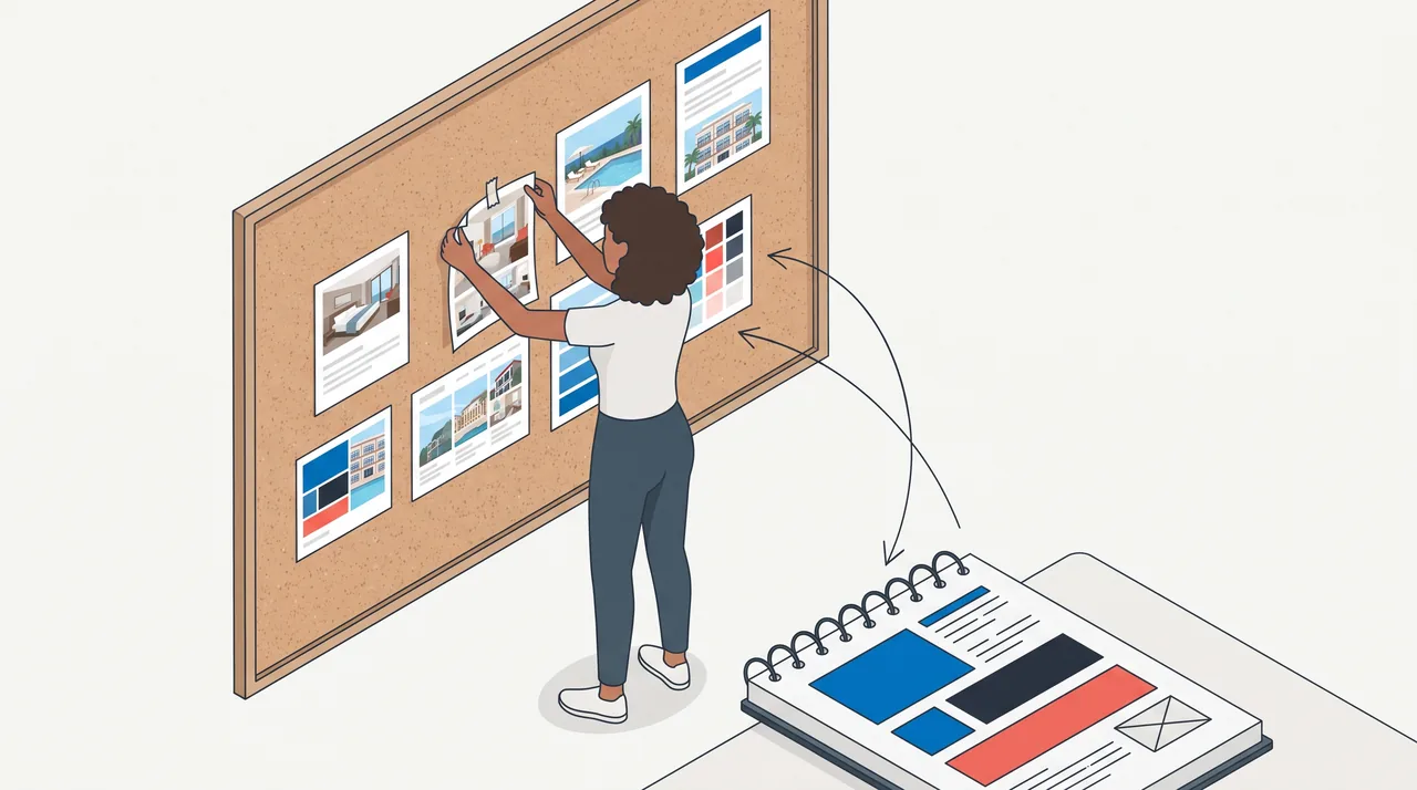Diretora de arte prende numa parede de cortiça páginas impressas de referências reais do ramo de hotelaria, com fotos de quartos e piscinas e amostras de cor, enquanto o caderno de rascunho na mesa mostra um layout em blocos com as mesmas cores das referências.