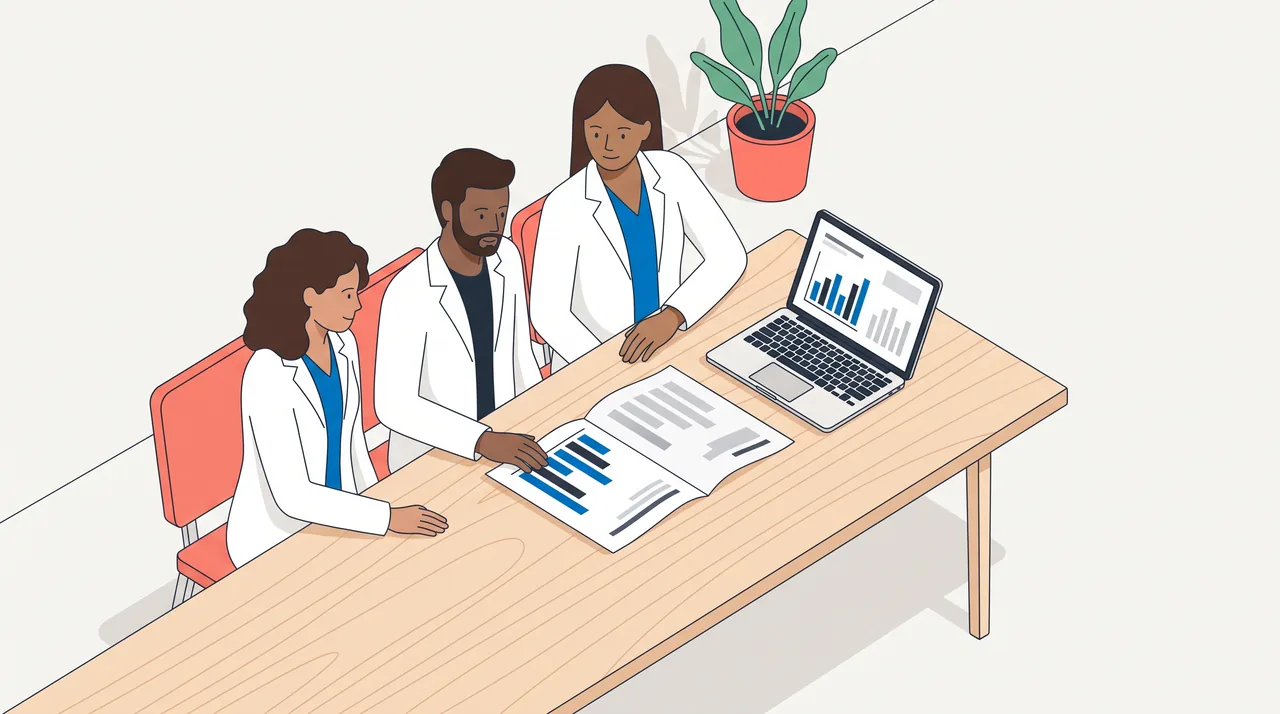 Três sócios de uma clínica, de jaleco, conferem juntos na mesa de reunião o relatório mensal impresso, com gráfico de barras, enquanto o computador portátil ao lado mostra a mesma página na tela.