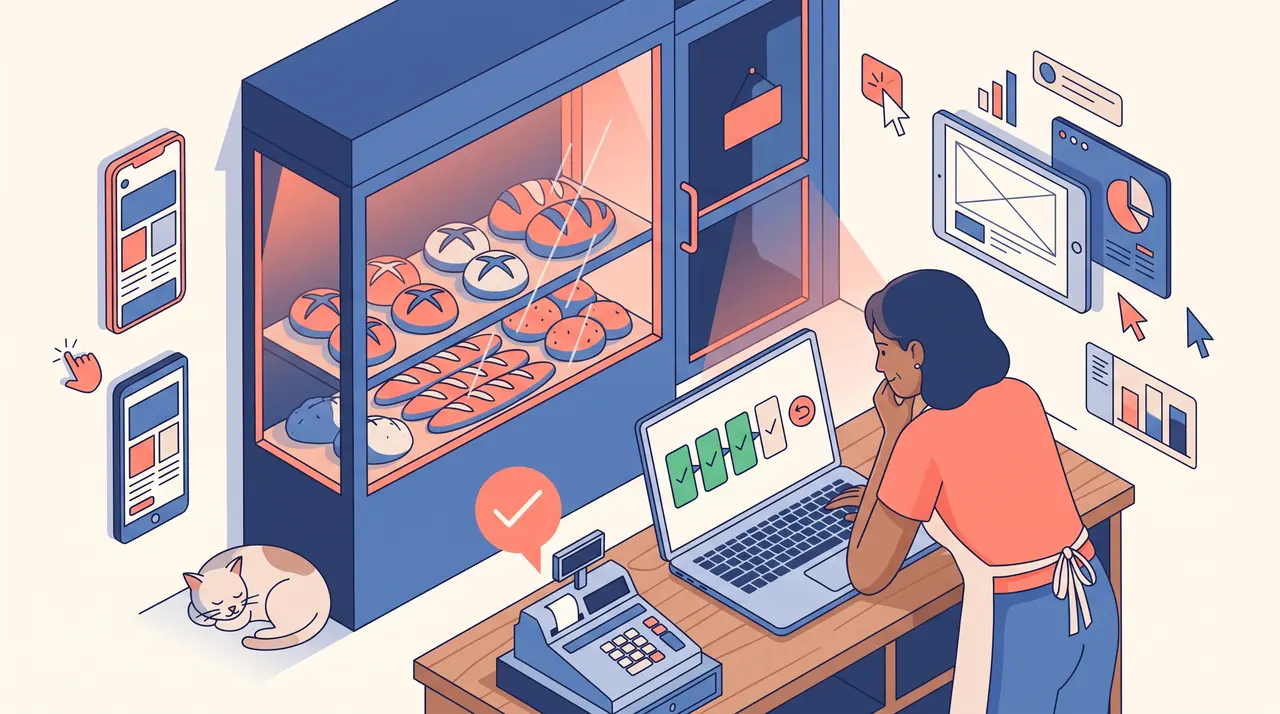 Dona de padaria, tranquila no fim do expediente, olha um notebook com uma esteira de quatro etapas conferidas e um botão de voltar à versão anterior.