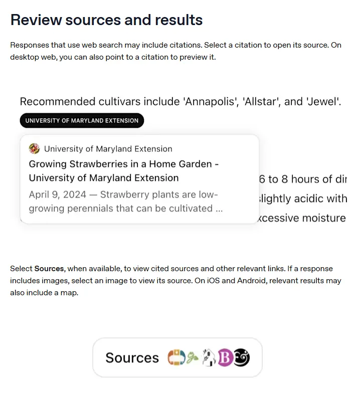 Seção Review sources and results da ajuda da OpenAI, com um exemplo de citação aberta sobre o texto da resposta e o botão Sources, que lista as fontes citadas e outros links relevantes