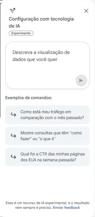 Painel lateral Configuração com tecnologia de IA do Search Console, marcado como Experimento, com campo para descrever a visualização e três exemplos de comandos.