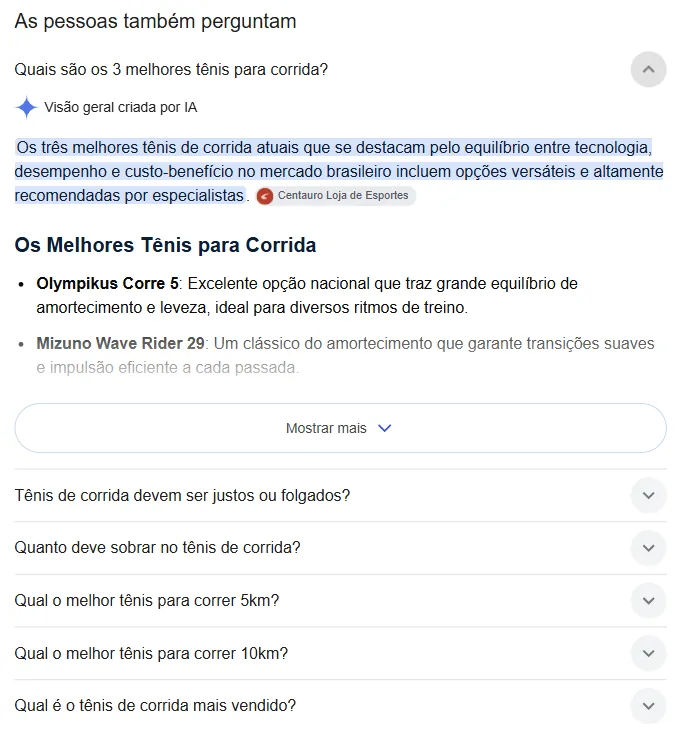 Caixa As pessoas também perguntam da Pesquisa Google para a busca como escolher tênis de corrida, com a primeira pergunta aberta mostrando o selo Visão geral criada por IA e uma loja citada como fonte.