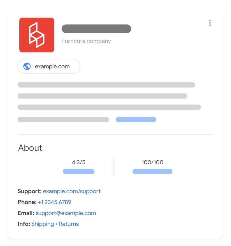 Ilustração oficial do Google de um painel de empresa no resultado de busca, com logo, endereço do site, nota média e linhas de suporte, telefone, e-mail, frete e devolução.