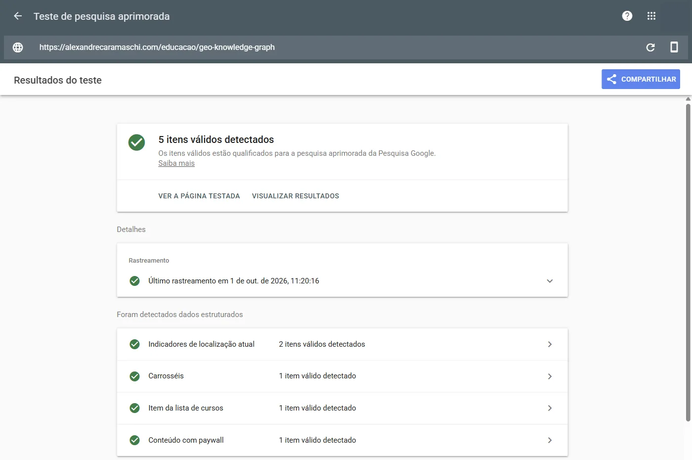 Tela de resultado do Teste de pesquisa aprimorada do Google para uma página pública, com o aviso de cinco itens válidos, a data do último rastreamento e a lista de tipos detectados.