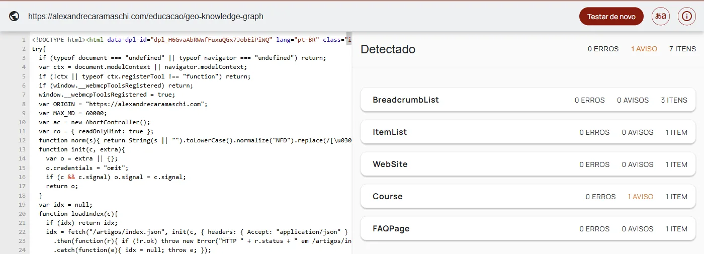 Tela do Validador de marcação de esquema do schema.org com o código da página à esquerda e, à direita, a lista de tipos detectados com contagem de erros, avisos e itens.