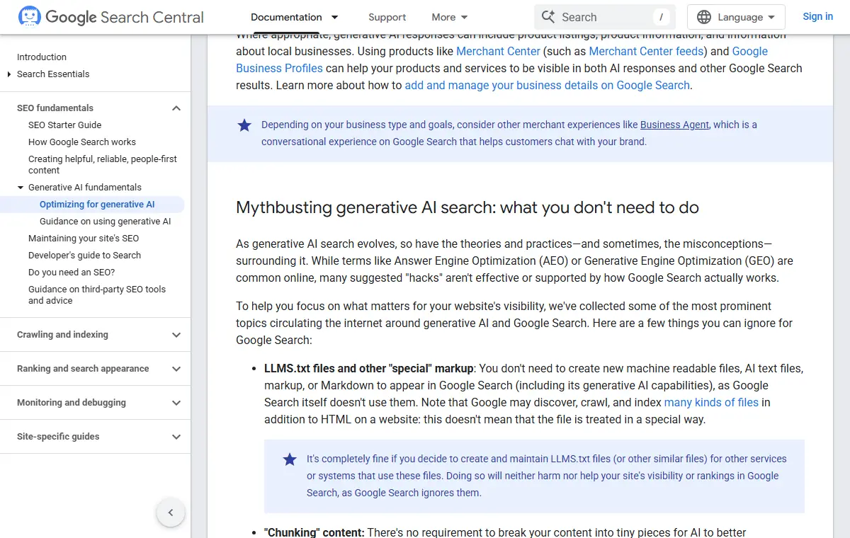 Seção Mythbusting generative AI search do guia do Google, com o item sobre arquivos LLMS.txt e a nota de que a Busca do Google os ignora