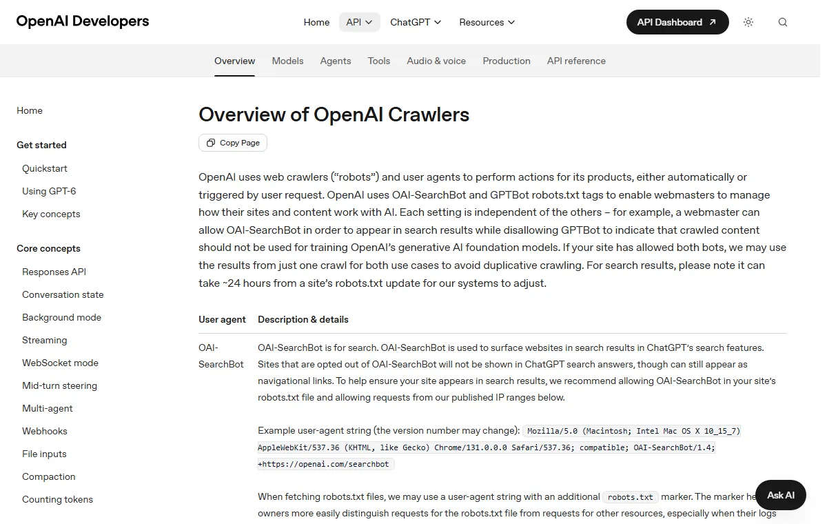 Página Overview of OpenAI Crawlers com a explicação de que cada robô tem regra independente e a linha do OAI-SearchBot com o texto completo do User-Agent