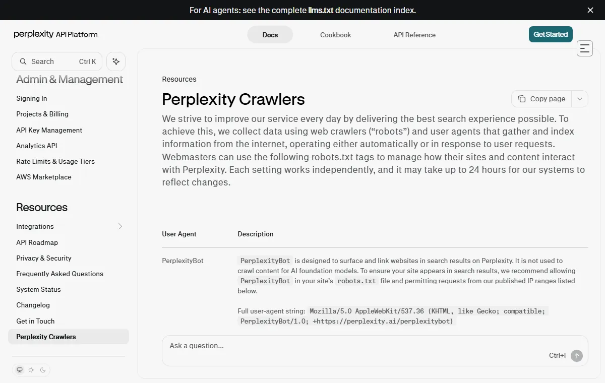 Página Perplexity Crawlers com a tabela de User Agent e a descrição do PerplexityBot, que não coleta conteúdo para treinar modelos