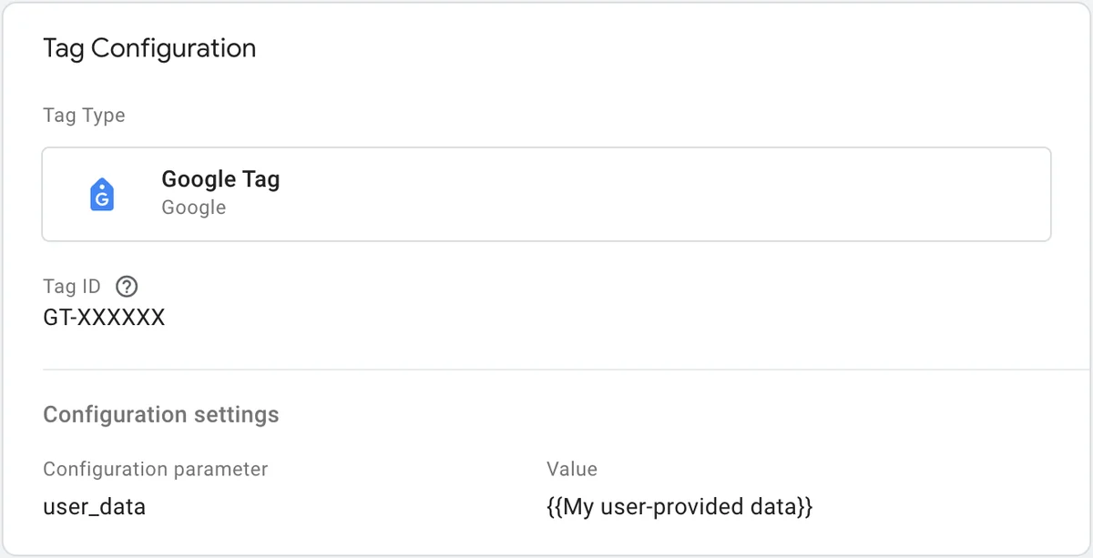 Configuração da Google Tag no Google Tag Manager com o parâmetro user_data apontando para uma variável de dados fornecidos pelo usuário.