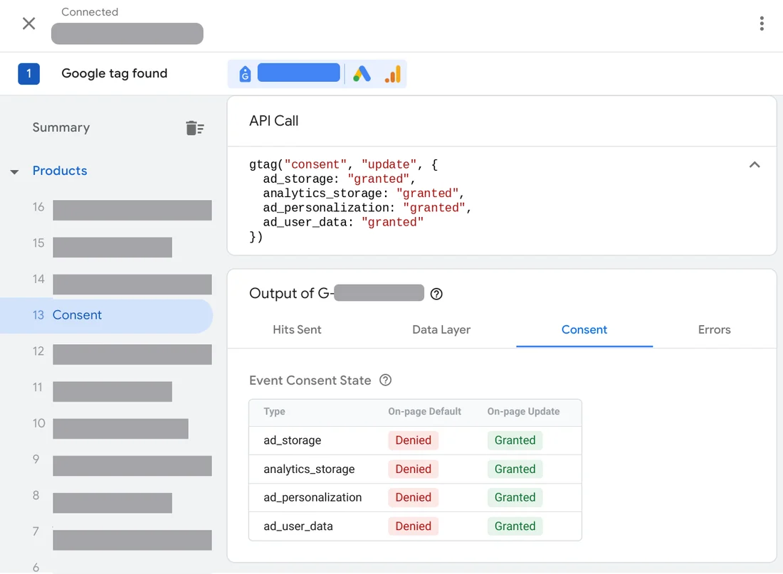Tela do Tag Assistant na aba Consent mostrando a chamada de atualização de consentimento e uma tabela em que ad_storage, analytics_storage, ad_personalization e ad_user_data passam de Denied no padrão para Granted na atualização.