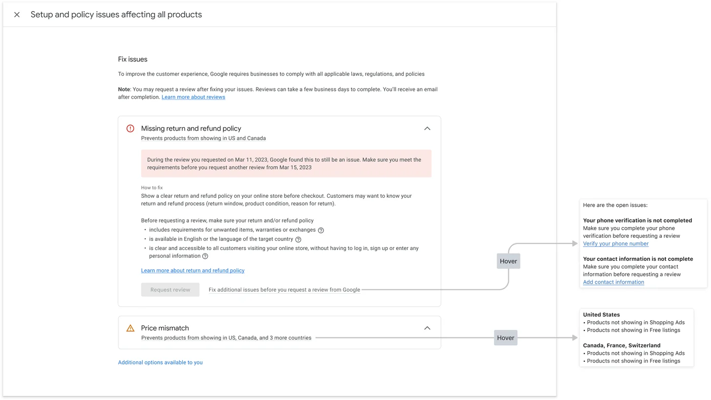 Maquete da tela de problemas de configuração e de política que afetam todos os produtos no Merchant Center, com os cartões política de devolução e reembolso ausente e divergência de preço, as instruções de correção e o botão de pedir revisão.