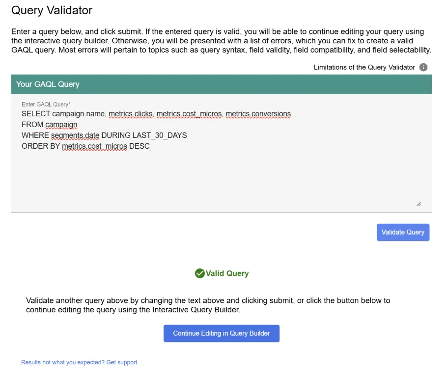 Tela do Query Validator da Google Ads API com uma consulta GAQL que seleciona nome da campanha, cliques, custo em micros e conversões da tabela campaign nos últimos 30 dias, ordenada por custo, e a mensagem Valid Query.