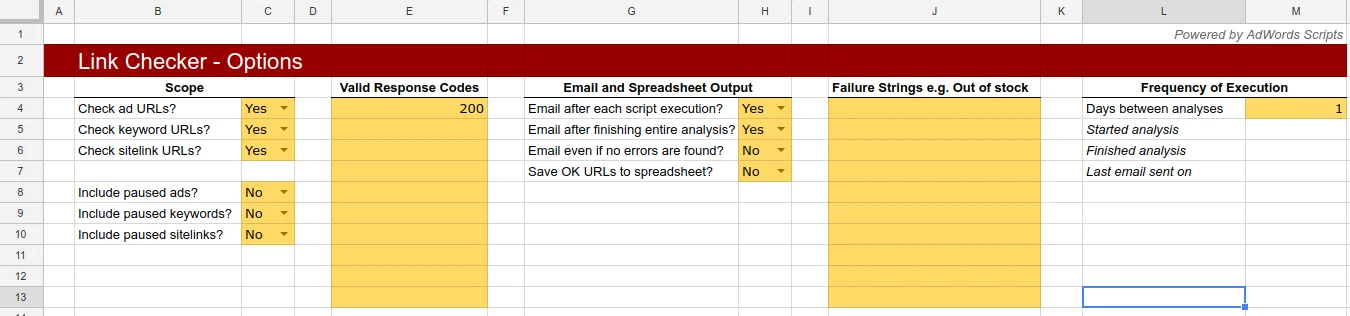 Planilha de opções do Link Checker do Google Ads Scripts, com campos para escolher o que verificar e para onde enviar o relatório de links quebrados.