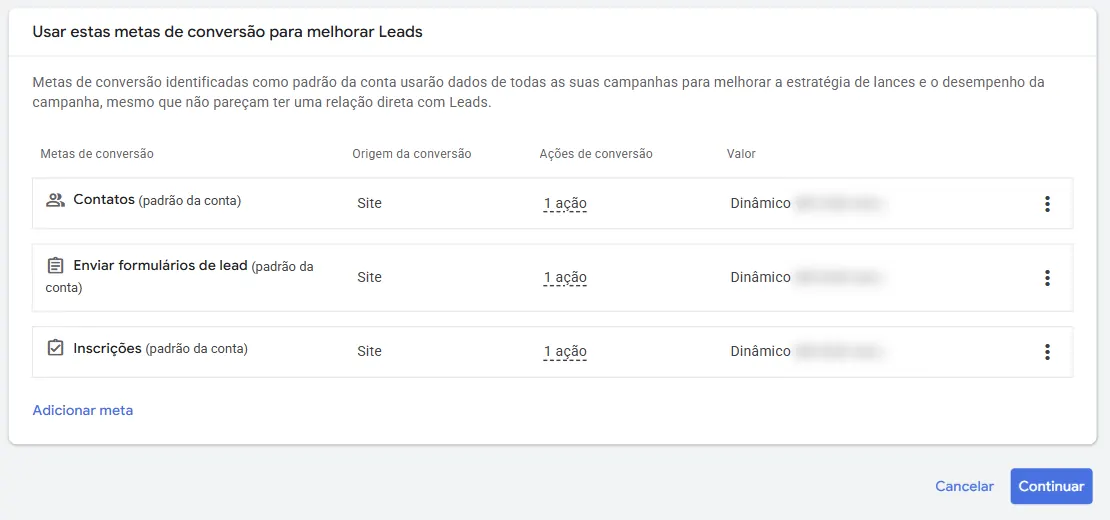Seção Usar estas metas de conversão para melhorar Leads, com três metas marcadas como padrão da conta: Contatos, Enviar formulários de lead e Inscrições, todas com origem Site, uma ação de conversão cada e valor dinâmico, além do link Adicionar meta e dos botões Cancelar e Continuar.