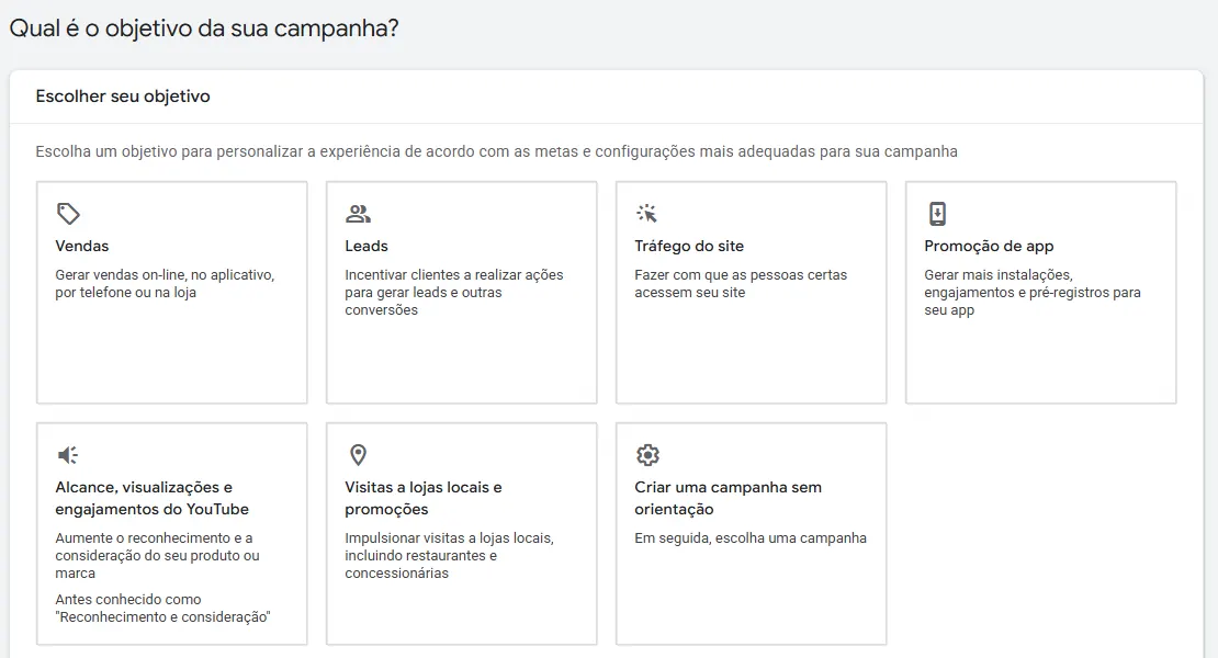 Tela Qual é o objetivo da sua campanha do Google Ads em português, com sete cartões: Vendas, Leads, Tráfego do site, Promoção de app, Alcance, visualizações e engajamentos do YouTube (antes conhecido como Reconhecimento e consideração), Visitas a lojas locais e promoções e Criar uma campanha sem orientação.