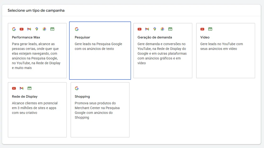 Seção Selecione um tipo de campanha com o objetivo Leads: Performance Max com o texto para gerar leads, Pesquisar (selecionado) com o texto gere leads na Pesquisa Google com os anúncios de texto, Geração de demanda, Vídeo com o texto gere leads no YouTube, Rede de Display e Shopping.