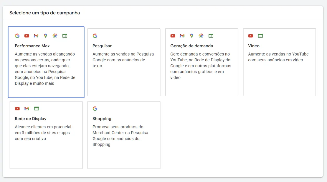 Seção Selecione um tipo de campanha com o objetivo Vendas: cartões Performance Max (selecionado), Pesquisar, Geração de demanda, Vídeo, Rede de Display e Shopping, cada um com ícones das redes em que aparece e uma descrição curta.
