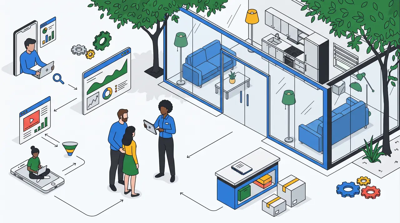 Showroom de móveis e decoração com cozinha planejada em exposição, vendedor apresentando um projeto a um casal e uma bancada com pedidos do e-commerce prontos para envio.
