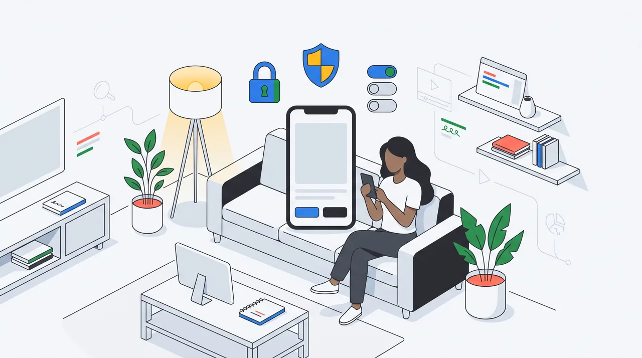 Ilustração de uma pessoa no sofá diante de um painel de consentimento no celular, com dois botões do mesmo tamanho, cercado por cadeado, escudo e interruptores.