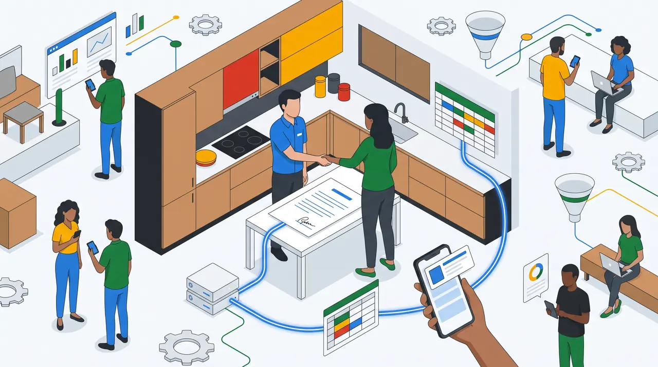 Ilustração de um vendedor e uma cliente apertando as mãos no showroom, com uma linha luminosa que leva o contrato por uma planilha e um servidor de volta a um anúncio no celular.