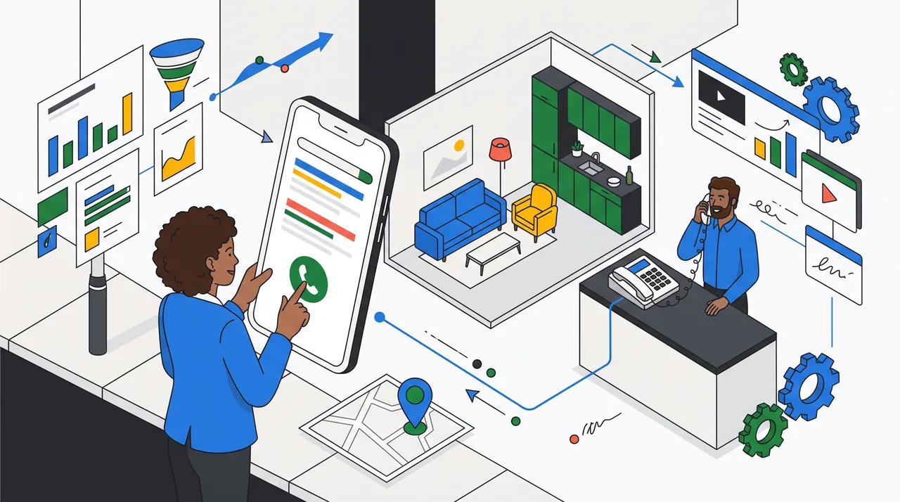 Cliente toca no botão de chamada de um anúncio no celular, e a ligação chega ao balcão de um showroom de móveis.