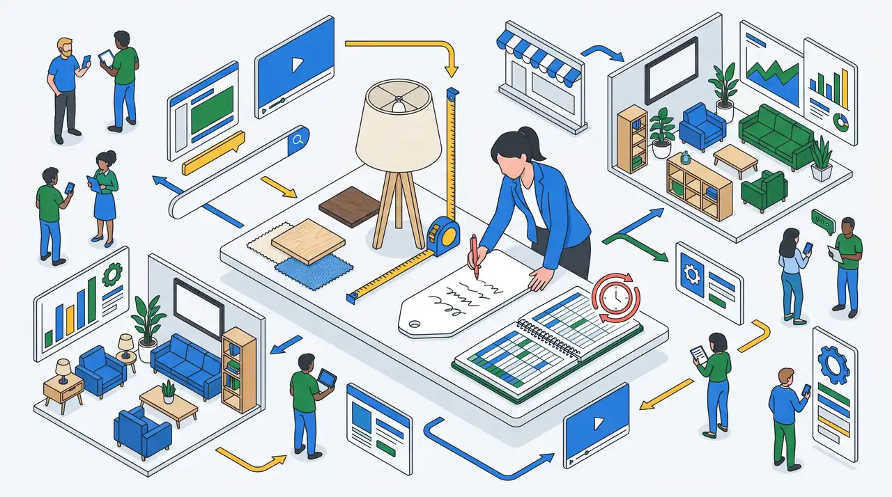 Luminária de mesa de madeira e linho medida com fita métrica ao lado de amostras de material, enquanto uma gestora reescreve a etiqueta do produto junto a uma planilha de feed.
