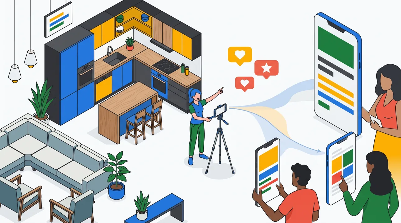 Criadora de conteúdo de decoração grava um vídeo no showroom apontando para uma cozinha planejada, com reações de espectadores flutuando em direção a vários celulares.