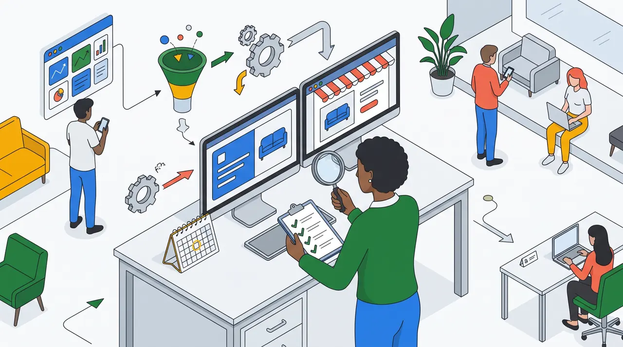 Gestora compara com uma lupa o anúncio em um monitor e a página da loja em outro, com uma prancheta de checklist e um calendário com uma data circulada.